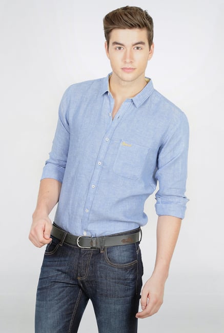 Basics Blue Slim Fit Linen Shirt Basics Blue Slim Fit Linen Shirt