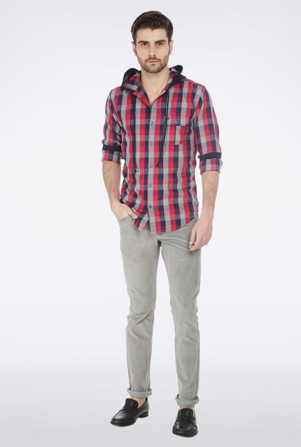 Basics Red Checkered Hood Shirt Basics Red Checkered Hood Shirt