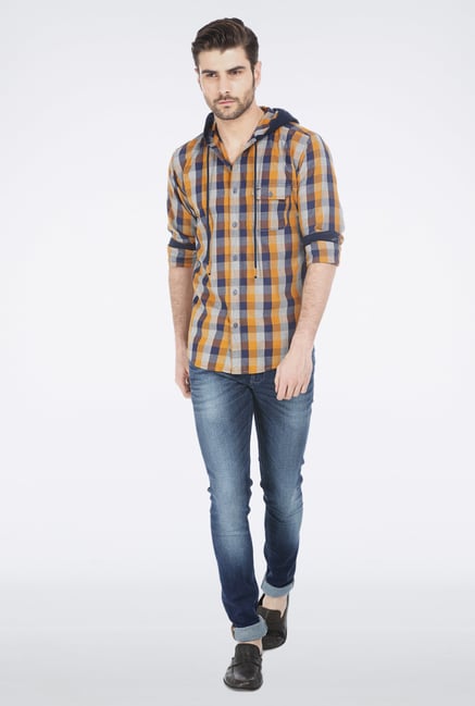 Basics Brown Checkered Hood Shirt Basics Brown Checkered Hood Shirt