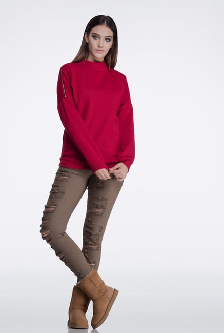 Femella Maroon Side Zipper Sweatshirt Femella Maroon Side Zipper Sweatshirt