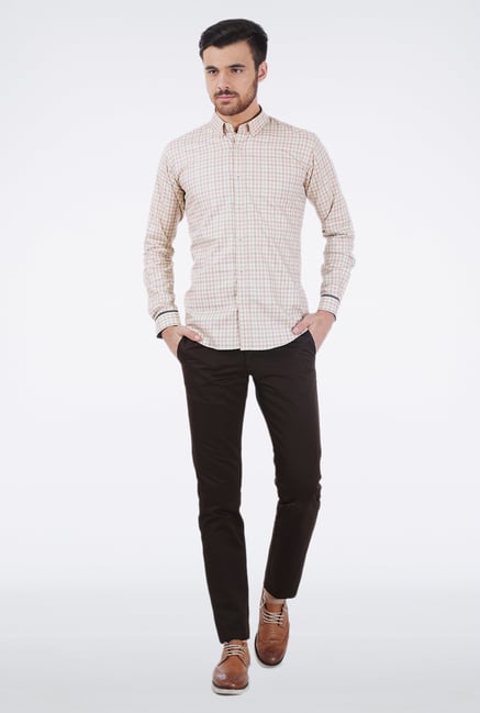 Basics Beige Gingham Checkered Formal Shirt Basics Beige Gingham Checkered Formal Shirt