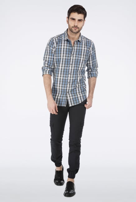 Basics Blue Checkered Grunge Shirt Basics Blue Checkered Grunge Shirt