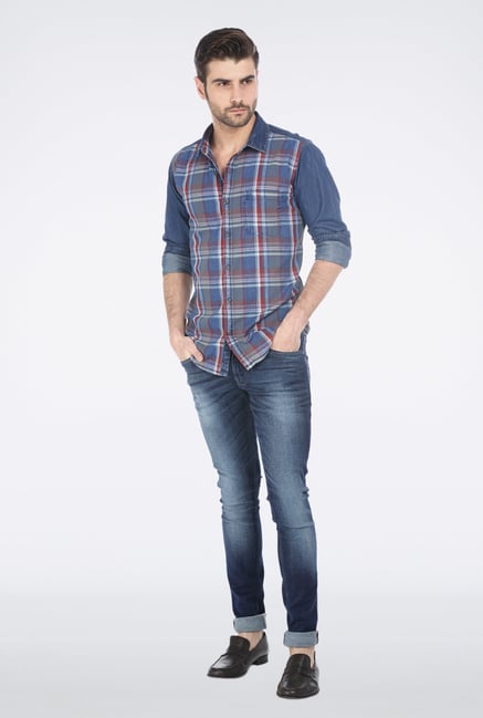 Basics Orange Plaid Denim Shirt Basics Orange Plaid Denim Shirt