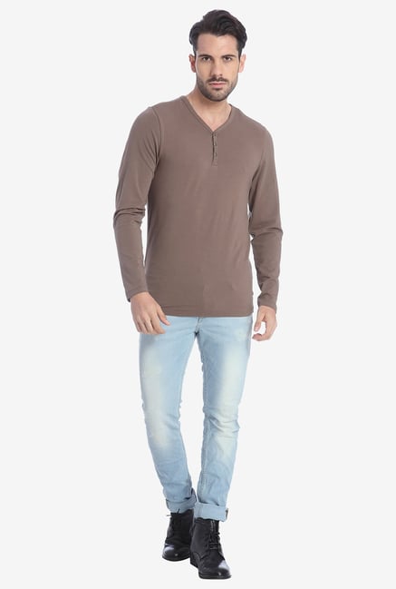 Jack & Jones Chocolate Henley T Shirt Jack & Jones Chocolate Henley T Shirt