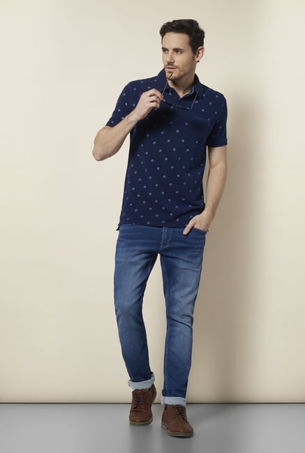 celio* Indigo Printed Polo T Shirt celio* Indigo Printed Polo T Shirt