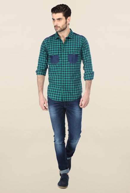 Basics Green Gingham Plaid Oxford Shirt Basics Green Gingham Plaid Oxford Shirt