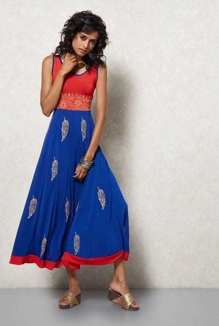 Ira Soleil Royal Blue Feather Print Kurta Dress Ira Soleil Royal Blue Feather Print Kurta Dress