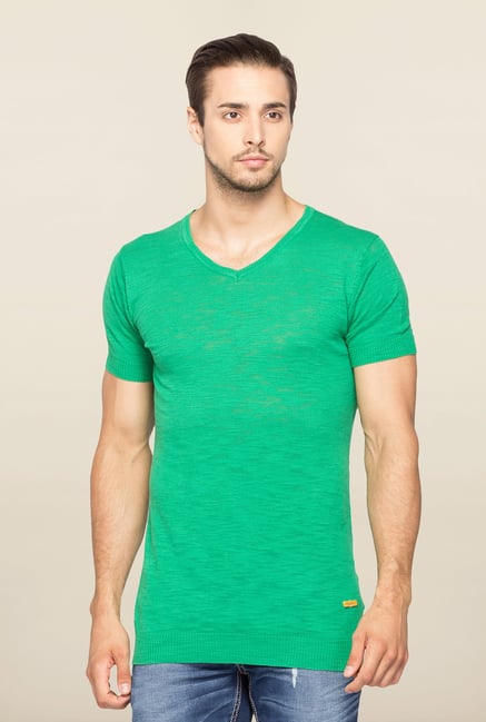Spykar Green Slim Fit V Neck T Shirt Spykar Green Slim Fit V Neck T Shirt