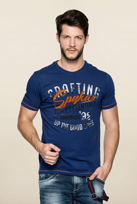 Spykar Blue Slim Fit Printed T Shirt Spykar Blue Slim Fit Printed T Shirt
