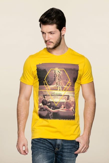 Spykar Yellow Crew Neck Printed T Shirt Spykar Yellow Crew Neck Printed T Shirt