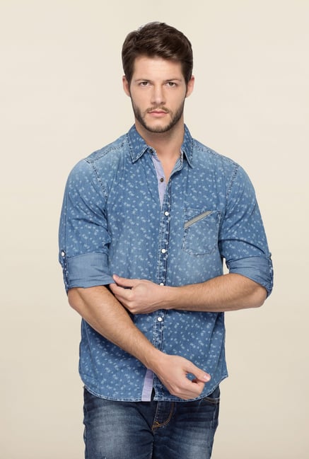 Spykar Blue Ranger Washed Printed Shirt Spykar Blue Ranger Washed Printed Shirt