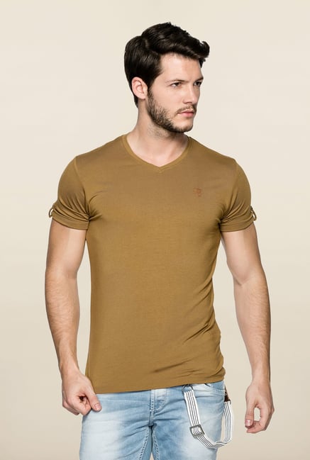Spykar Khaki Solid V Neck T Shirt Spykar Khaki Solid V Neck T Shirt
