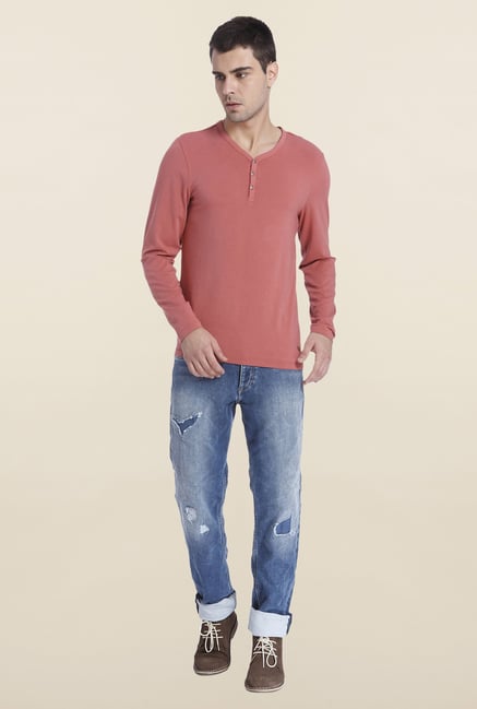 Jack & Jones Maroon Solid Henley T Shirt Jack & Jones Maroon Solid Henley T Shirt