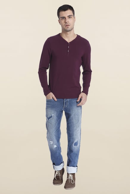 Jack & Jones Purple Solid Henley T Shirt Jack & Jones Purple Solid Henley T Shirt