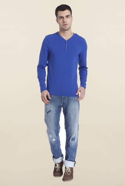 Jack & Jones Blue Solid Henley T Shirt Jack & Jones Blue Solid Henley T Shirt