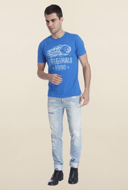 Jack & Jones Blue Printed Crew Neck T Shirt Jack & Jones Blue Printed Crew Neck T Shirt