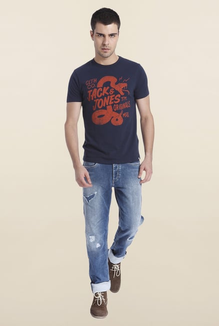 Jack & Jones Navy Printed Crew Neck T Shirt Jack & Jones Navy Printed Crew Neck T Shirt