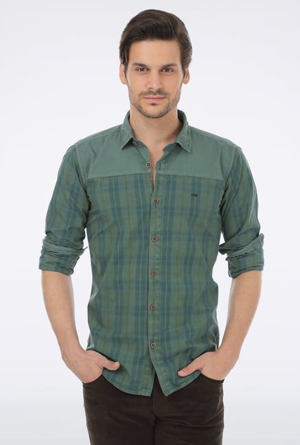 Basics Green Checkered Grunge Shirt Basics Green Checkered Grunge Shirt