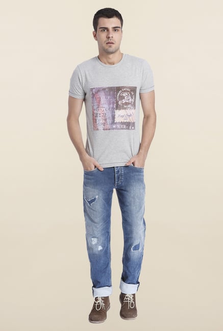 Jack & Jones Grey Printed Cotton T Shirt Jack & Jones Grey Printed Cotton T Shirt