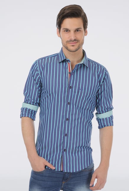 Basics Blue Cotton Striped Shirt Basics Blue Cotton Striped Shirt