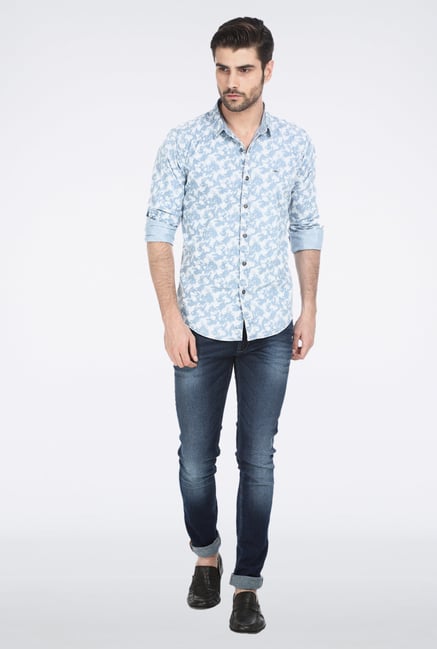 Basics Blue Printed Denim Shirt Basics Blue Printed Denim Shirt