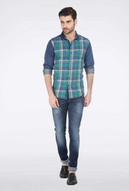 Basics Green Plaid Denim Shirt Basics Green Plaid Denim Shirt