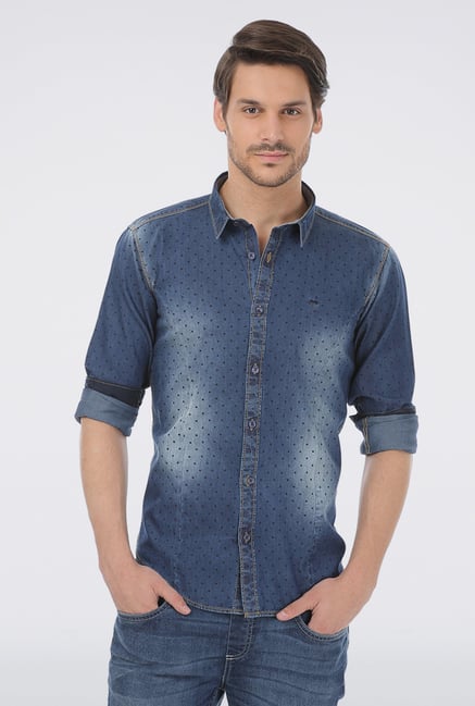 Basics Blue Printed Casual Shirt Basics Blue Printed Casual Shirt