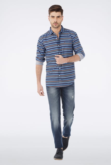 Basics Blue Printed Casual Shirt Basics Blue Printed Casual Shirt
