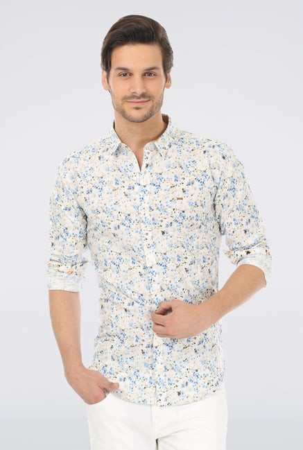 Basics Blue Printed Linen Shirt Basics Blue Printed Linen Shirt