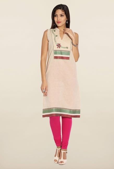 Soch Beige & Maroon Embroidered Cotton Kurti Soch Beige & Maroon Embroidered Cotton Kurti