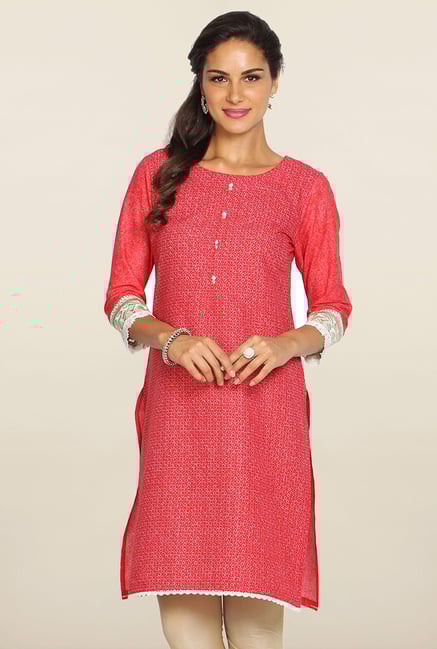 Soch Red & White Printed Cotton Zari Kurti Soch Red & White Printed Cotton Zari Kurti
