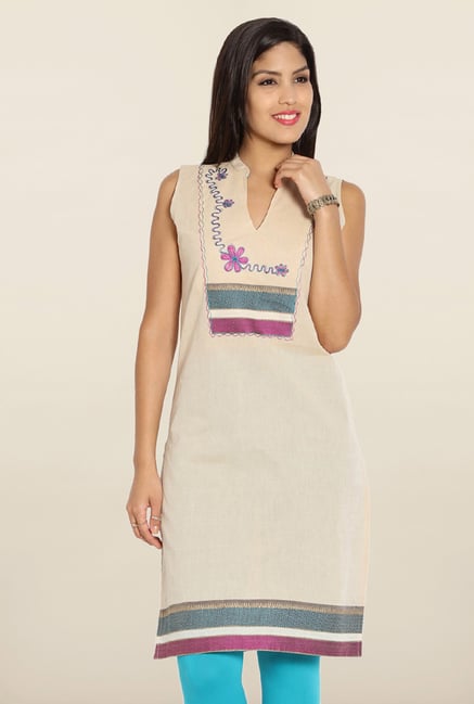 Soch Beige & Blue Embroidered Cotton Kurti Soch Beige & Blue Embroidered Cotton Kurti