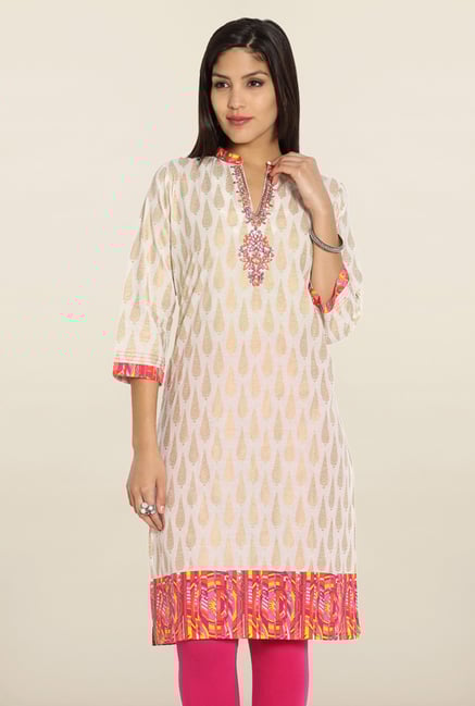 Soch Cream & Pink Printed Cotton Kurti Soch Cream & Pink Printed Cotton Kurti