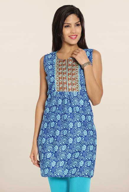 Soch Royal Blue Printed Embroidered Cotton Kurti Soch Royal Blue Printed Embroidered Cotton Kurti