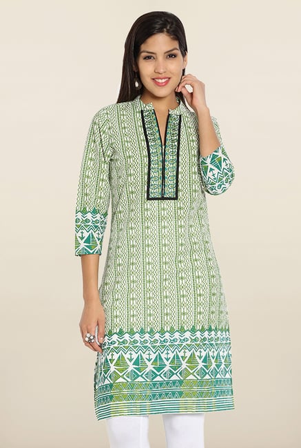 Soch Green Printed Cotton Embroidered Kurti Soch Green Printed Cotton Embroidered Kurti