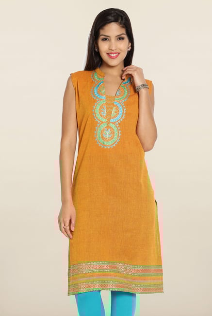 Soch Mustard & Blue Embroidered Cotton Kurti Soch Mustard & Blue Embroidered Cotton Kurti