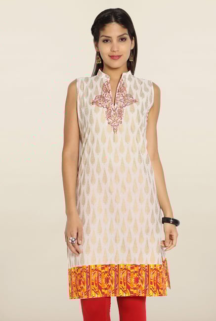 Soch Cream & Orange Printed Cotton Kurti Soch Cream & Orange Printed Cotton Kurti