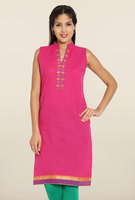 Soch Pink Sleeveless Embroidered Cotton Kurti Soch Pink Sleeveless Embroidered Cotton Kurti