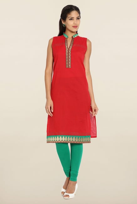 Soch Red & Green Embroidered Cotton Kurti Soch Red & Green Embroidered Cotton Kurti
