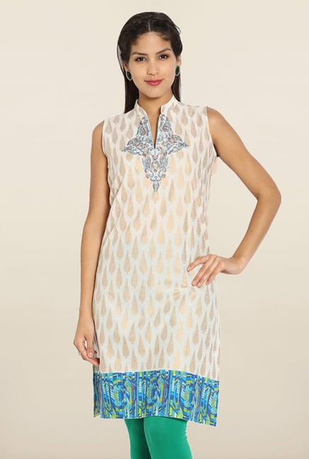 Soch Cream & Blue Printed Cotton Kurti Soch Cream & Blue Printed Cotton Kurti