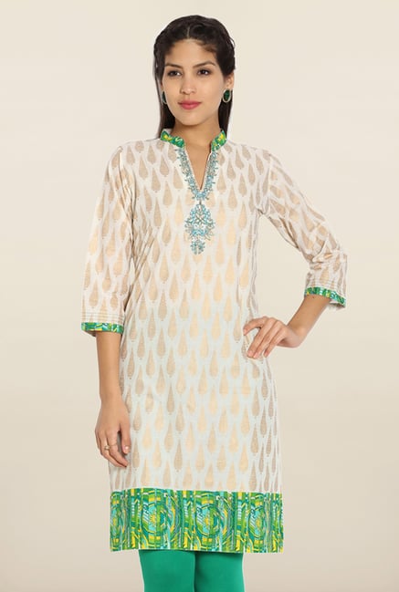 Soch Cream & Green Embroidered Cotton Kurti Soch Cream & Green Embroidered Cotton Kurti