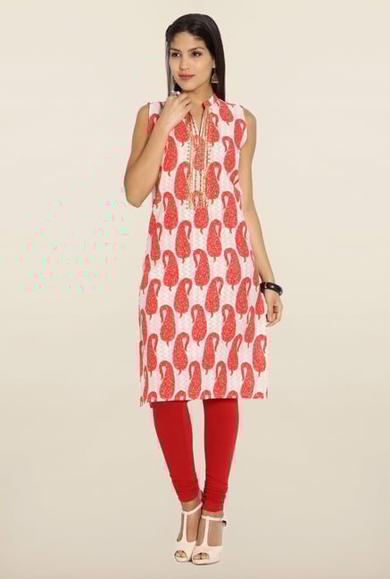 Soch Off White & Red Paisley Cotton Kurti Soch Off White & Red Paisley Cotton Kurti