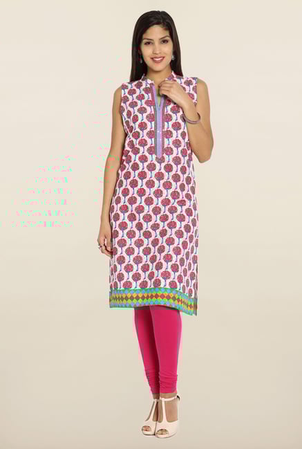 Soch White & Pink Printed Cotton Kurti Soch White & Pink Printed Cotton Kurti