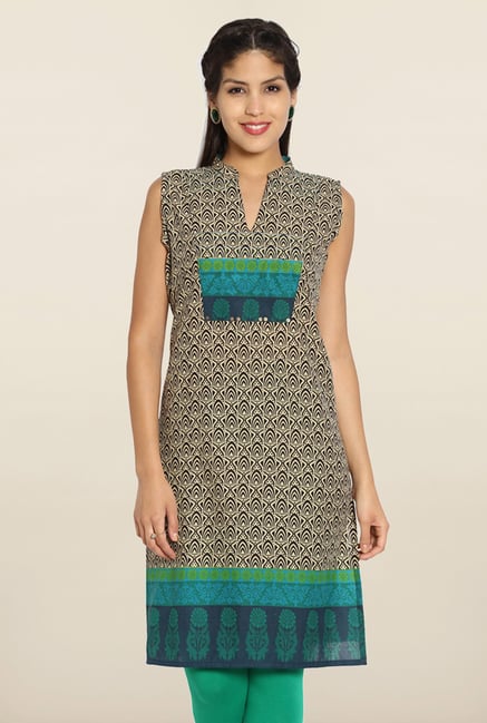 Soch Beige & Green Printed Cotton Kurti Soch Beige & Green Printed Cotton Kurti