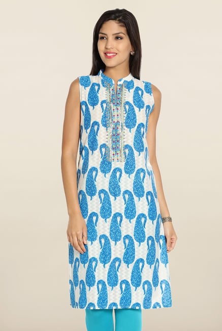Soch Off White & Royal Blue Paisley Cotton Kurti Soch Off White & Royal Blue Paisley Cotton Kurti