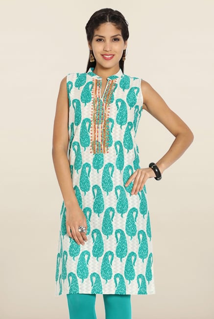 Soch Off White & Royal Green Paisley Cotton Kurti Soch Off White & Royal Green Paisley Cotton Kurti