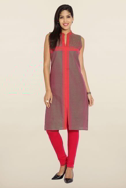 Soch Green & Red Printed Cotton Embroidered Kurti Soch Green & Red Printed Cotton Embroidered Kurti