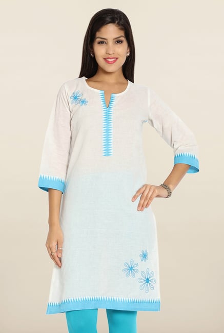 Soch White & Blue Embroidered Cotton Kurti Soch White & Blue Embroidered Cotton Kurti