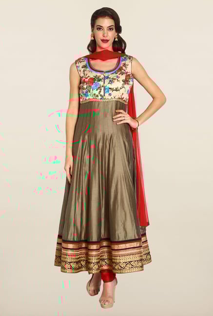 Soch Dark Brown & Red Anarkali Chudidhar Suit Set Soch Dark Brown & Red Anarkali Chudidhar Suit Set