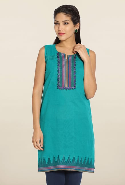 Soch Green & Purple Embroidered Cotton Kurti Soch Green & Purple Embroidered Cotton Kurti